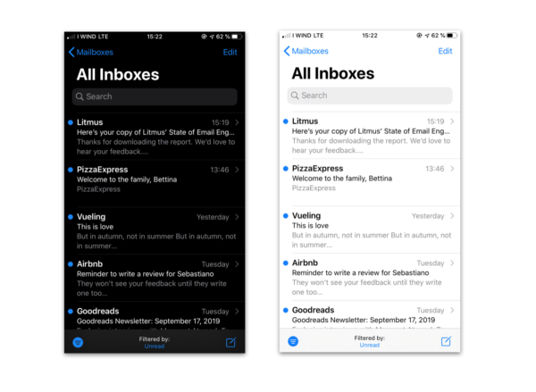 The iOS Mail Inbox in iOS 13 in Dark and Bright Mode