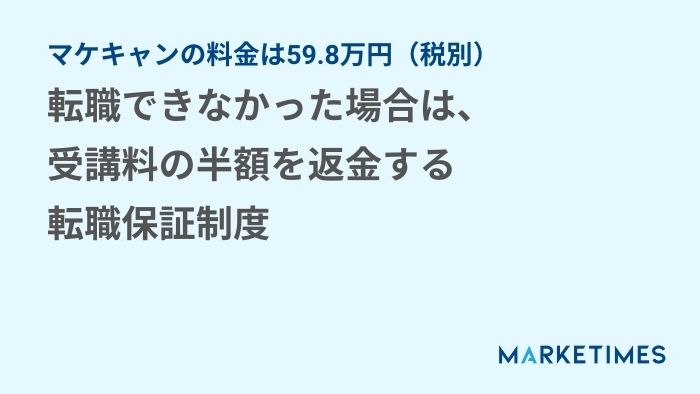 マケキャンの料金は59.8万円（税別）：転職できなかった場合は、受講料の半額を返金する転職保証制度
