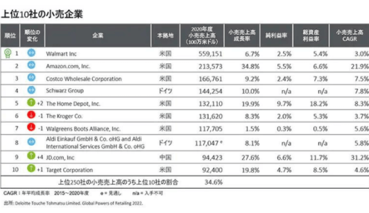 デロイト トーマツ、世界の小売業ランキング2022発表　日本企業の最上位は14位のイオン